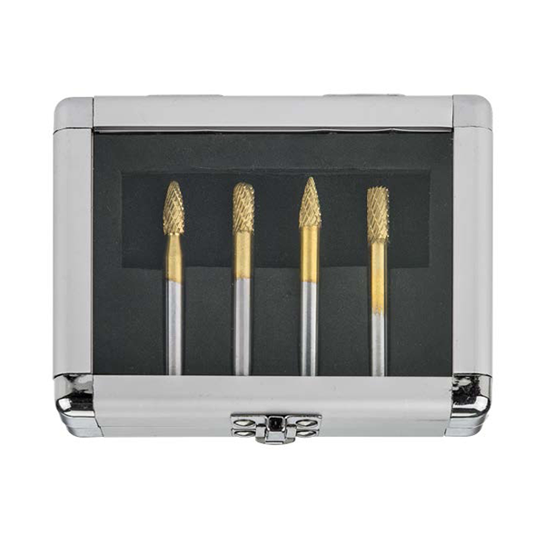 HMT GoldMax TCT Burr 4 Pc Set 6mm, Flame, Cylinder, Ball Nose, Tree