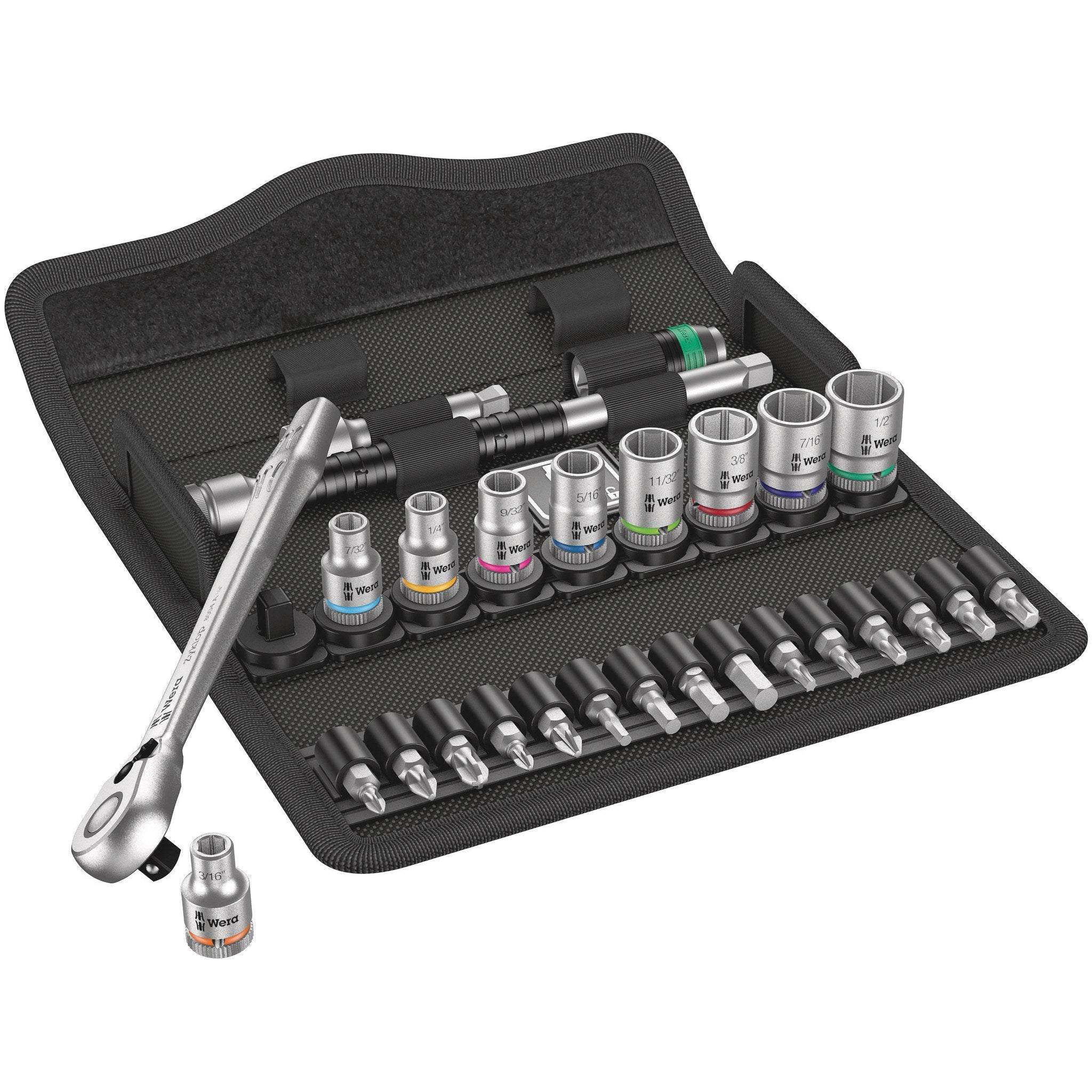 Wera 8100 SA 11 Zyklop Metal Ratchet Set with switch lever, 1/4" drive, imperial, 28