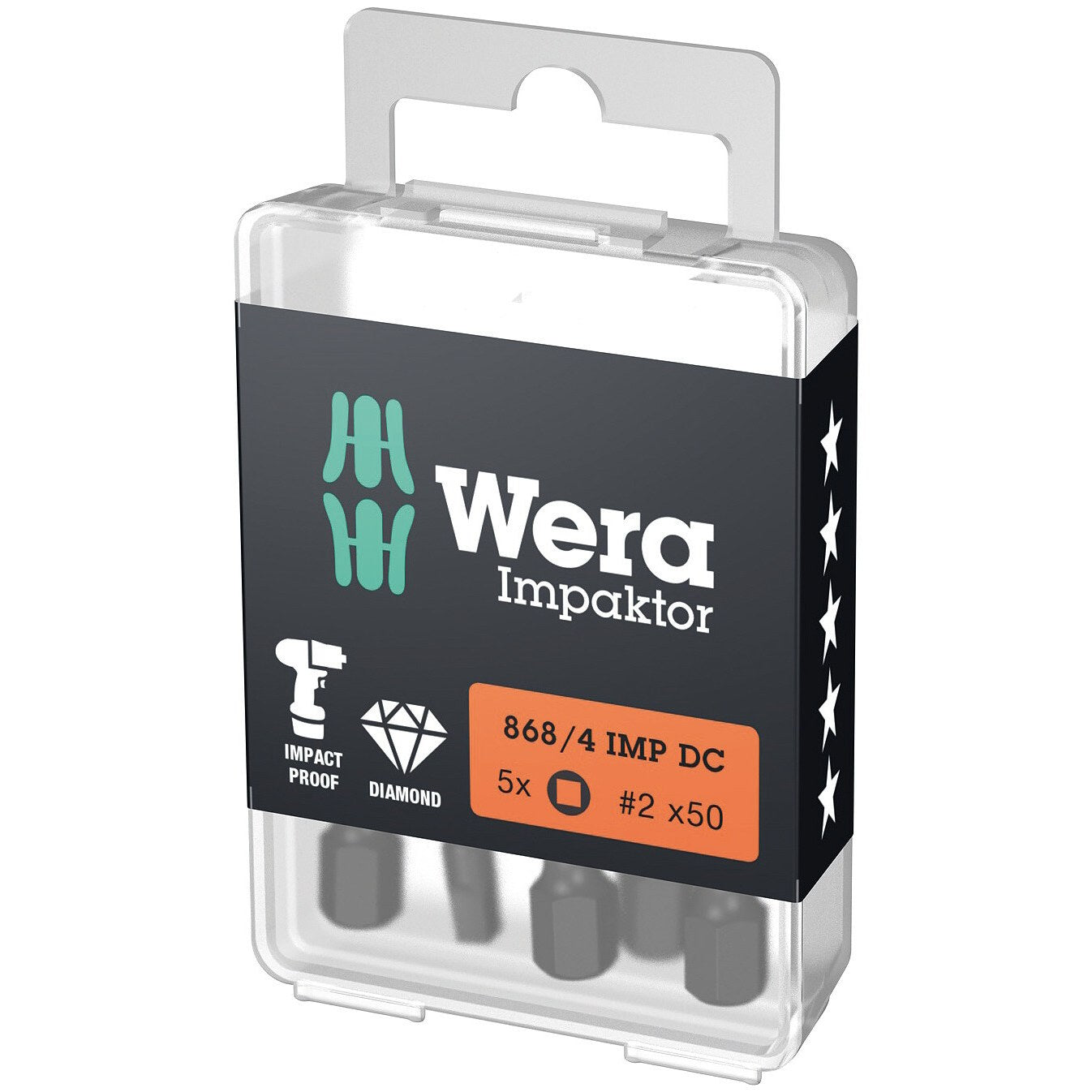 Wera 868/4 IMP DC DIY Impaktor square head socket bits, # 2 x 50 mm, 5 pieces