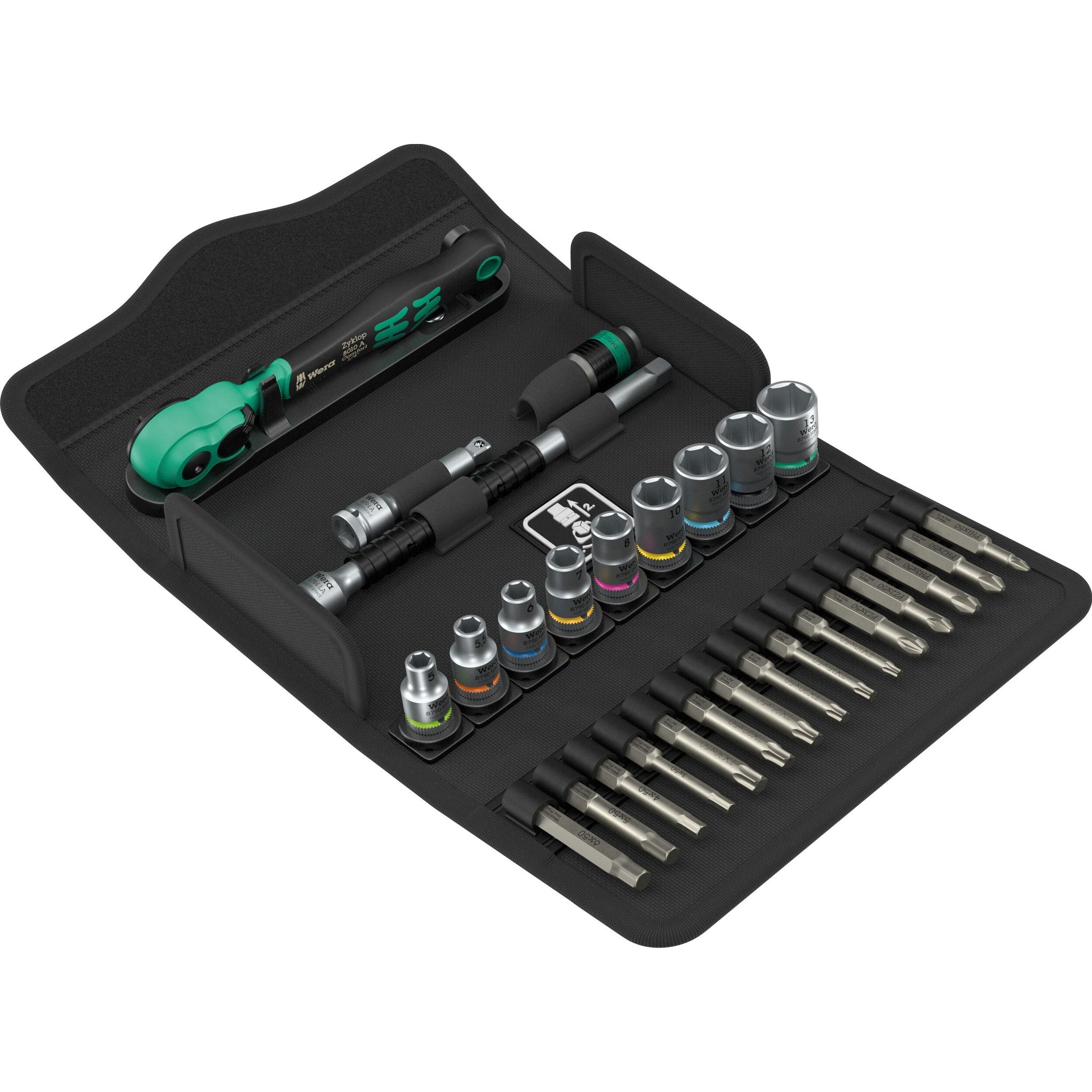 Wera 8100 SA 14 Zyklop Comfort ratchet set, reversing lever, 1/4" drive, metric, 28