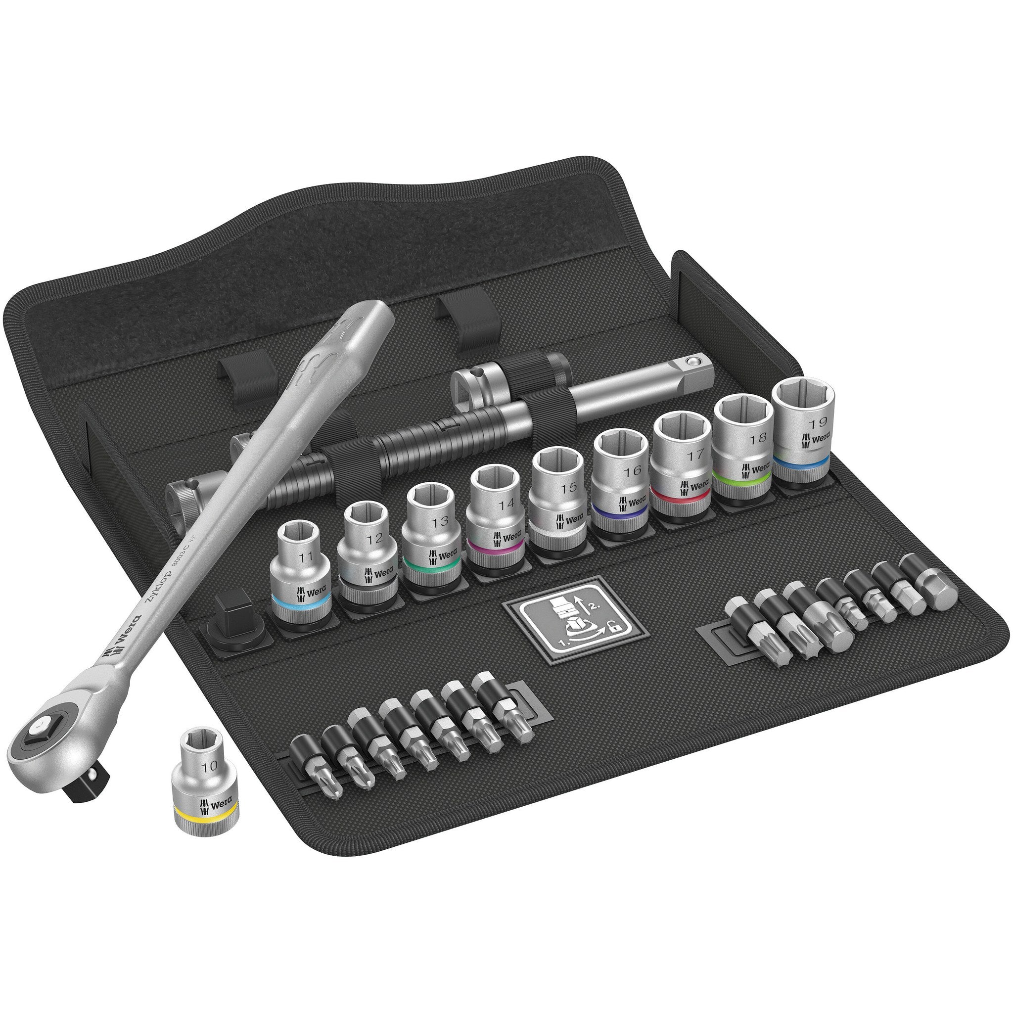Wera 8100 SC 7 Zyklop Metal Ratchet Set with push-through square, 1/2" drive, metric,