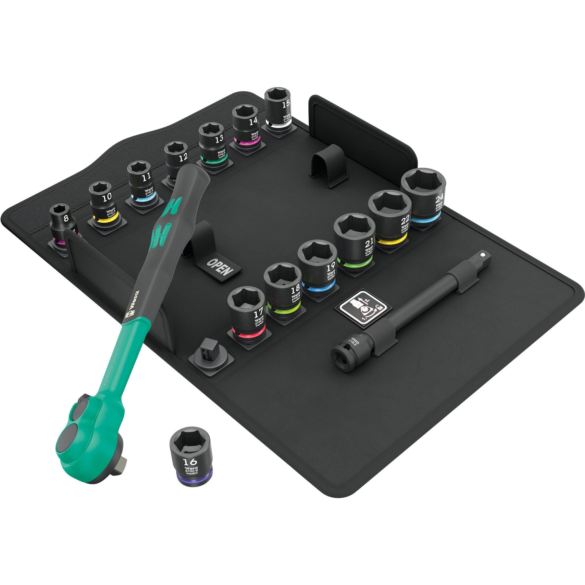 Wera 8100 SB 12 Zyklop Comfort Ratchet set, reversing lever, 3/8" drive, metric, 16