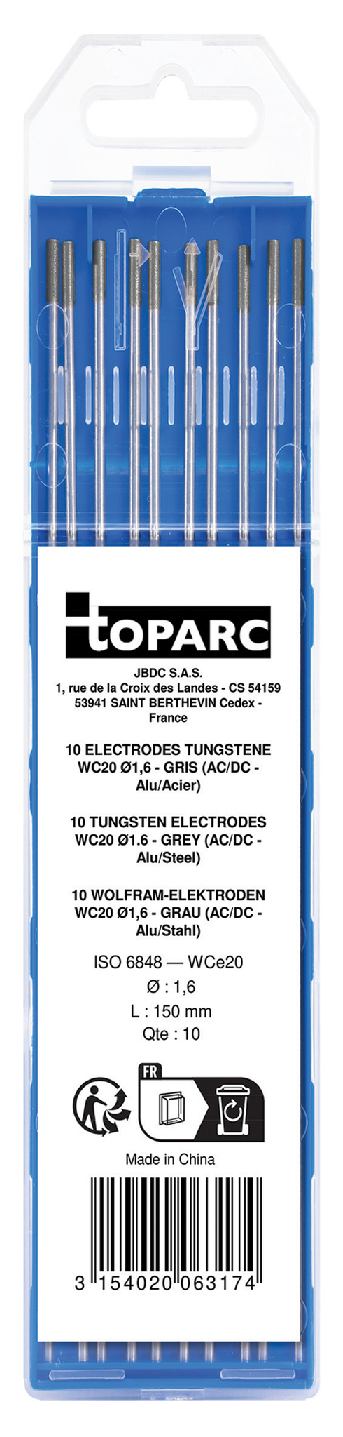GYS 10 ELECTRODES - TUNGSTEN WC20 Ø1.6 - GREY (AC/DC - ALUMINIUM/STEEL)