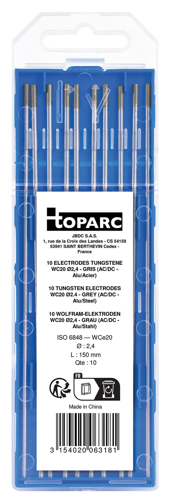 GYS 10 ELECTRODES - TUNGSTEN WC20 Ø2.4 - GREY (AC/DC - ALUMINIUM/STEEL)