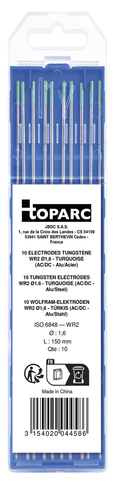 GYS 10 ELECTRODES - TUNGSTEN WR2 Ø1.6 - TURQUOISE (AC/DC-ALUMINIUM/STEEL)