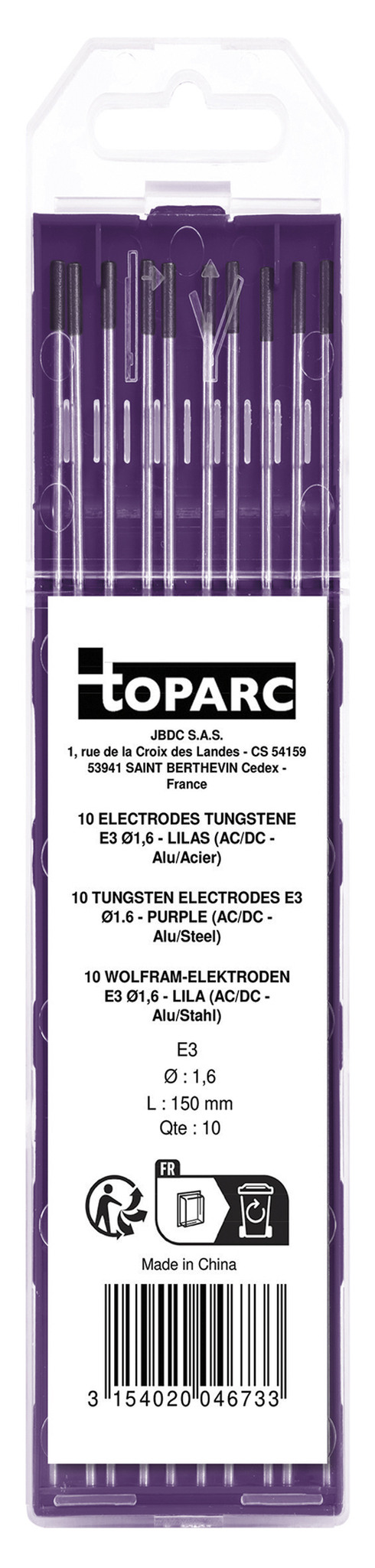 GYS 10 ELECTRODES - TUNGSTEN E3 Ø1.6 - PURPLE (AC/DC - ALUMINIUM/STEEL)