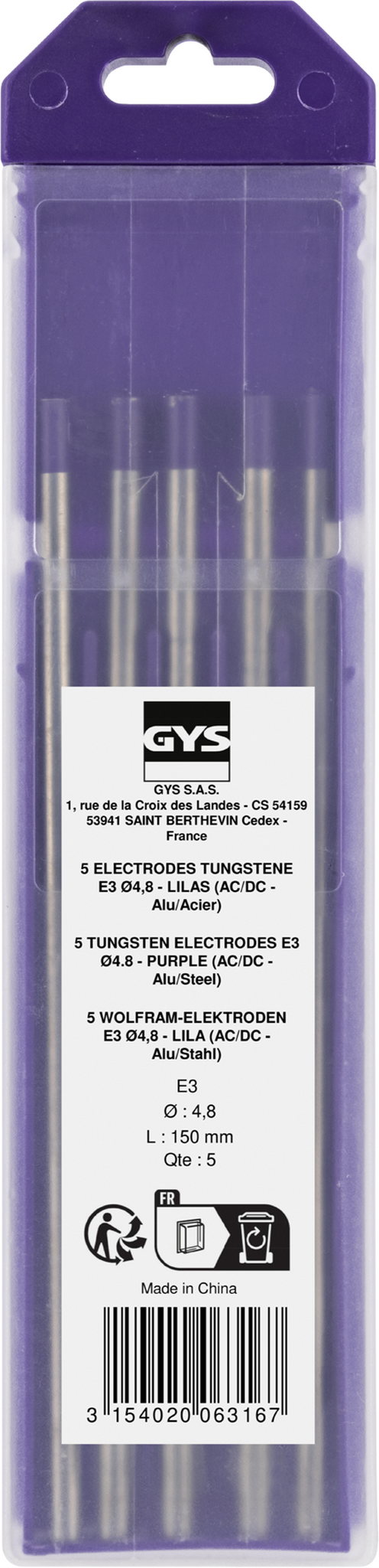 GYS 10 ELECTRODES - TUNGSTEN E3 Ø4.8 - PURPLE (AC/DC - ALUMINIUM/STEEL)