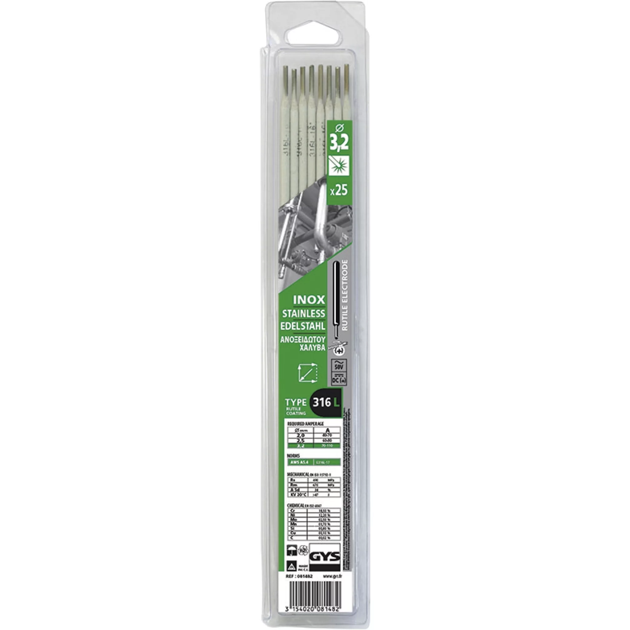 GYS 25 STAINLESS STEEL ELECTRODES - 316L - Ø3.2 (BLISTER)