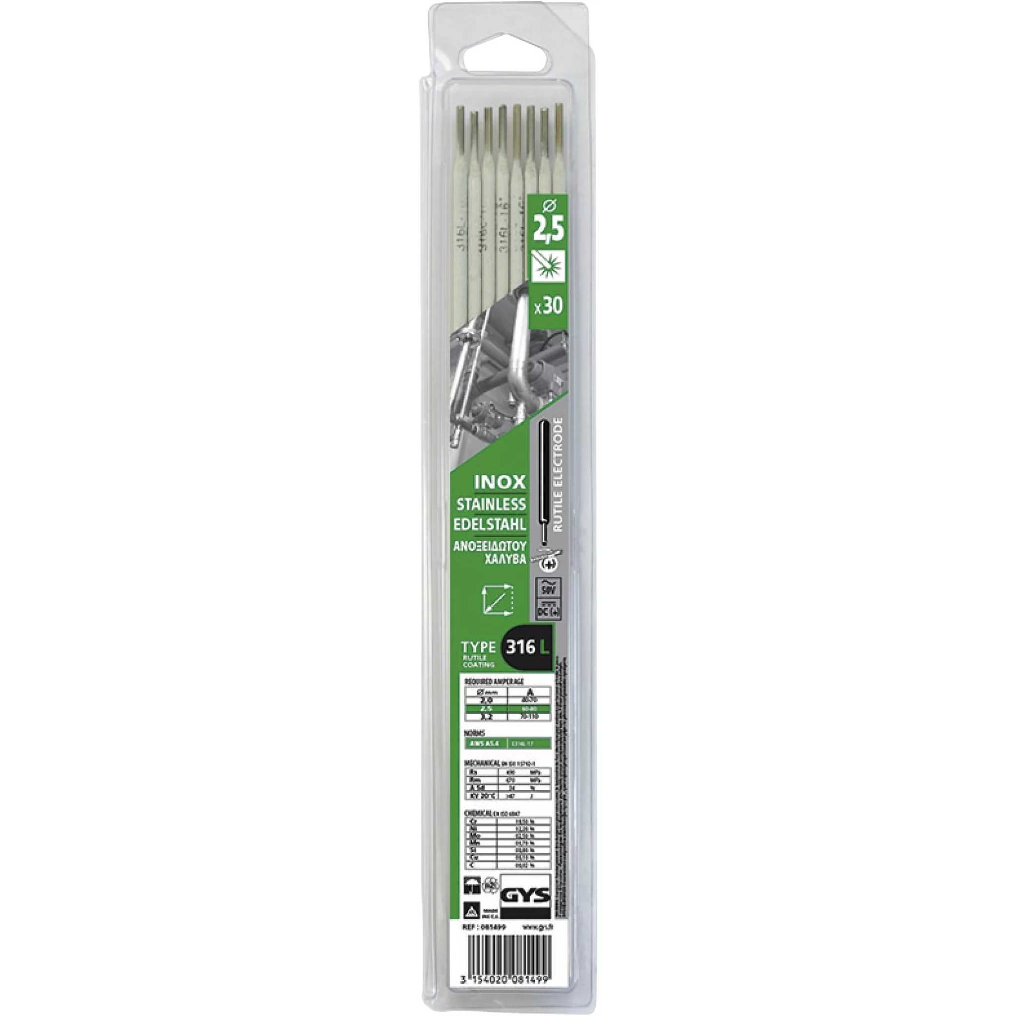 GYS 30 STAINLESS STEEL ELECTRODES - 316L - Ø2.5 (BLISTER)