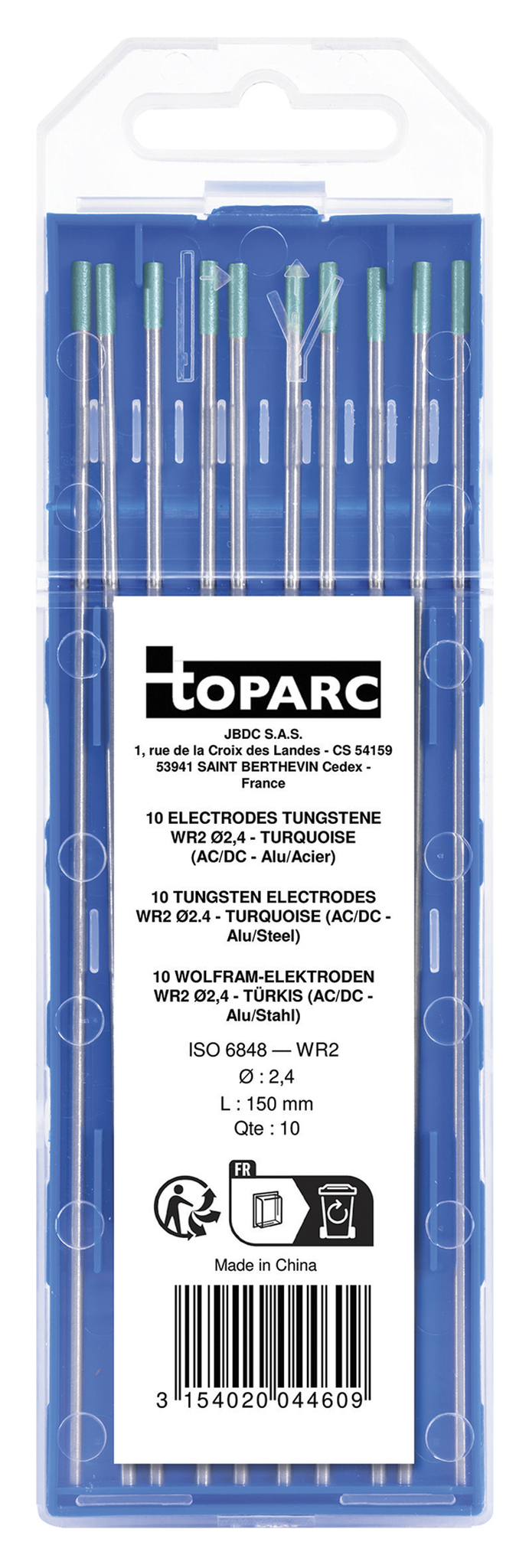 GYS 10 ELECTRODES - TUNGSTEN WR2 Ø2.4 - TURQUOISE (AC/DC-ALUMINIUM/STEEL)
