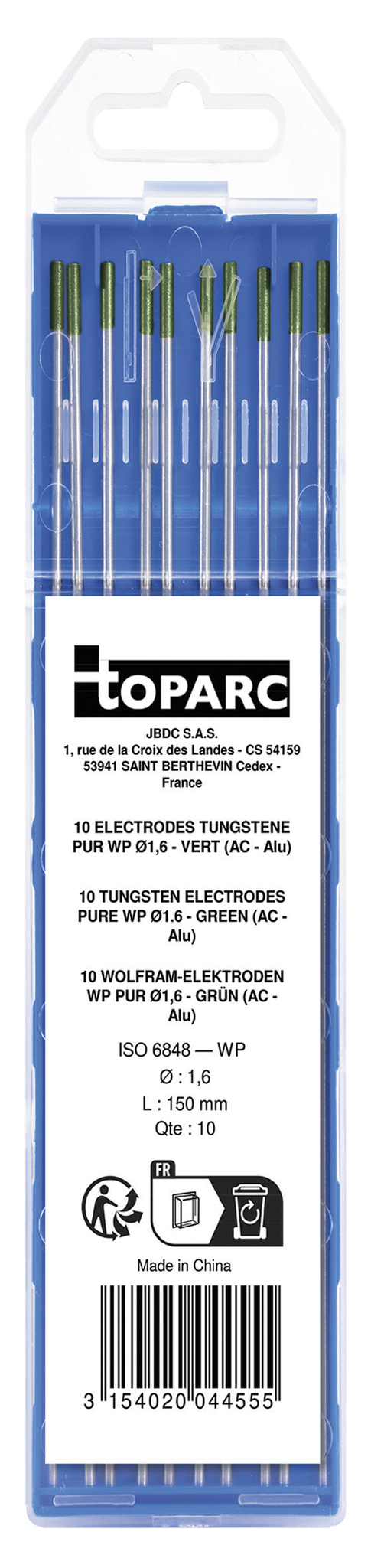 GYS 10 ELECTRODES - PURE TUNGSTEN Ø1.6 - GREEN (AC - ALUMINIUM)