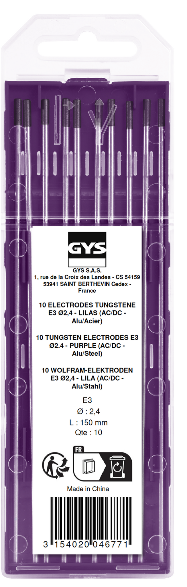 GYS 10 ELECTRODES - TUNGSTEN E3 Ø2.4 - PURPLE (AC/DC - ALUMINIUM/STEEL)